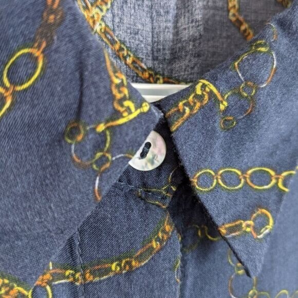 GRAND & GREENE chain print Navy blouse button down shirt adjustable sleeves L @P - Picture 10 of 14